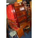 A QUANTITY OF OCCASIONAL FURNITURE, to include two oak open bookcases, two red painted hanging