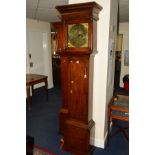 A GEORGE III OAK LONGCASE CLOCK, moulded pediment above the hood door flanked by half doric columns,