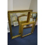 A MODERN FOLIATE GILT FRAMED BEVELLED EDGE WALL MIRROR and two other wall mirrors (3)