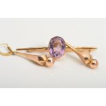 AN EARLY 20TH CENTURY AMETHYST BROOCH AND A PAIR OF LATE VICTORIAN 9CT GOLD DROP EARRINGS, the bar