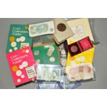 A PLASTIC BOX OF MAINLY UK COINS, to include year sets, commemoratives collector folders, a