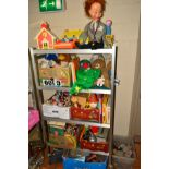 SEVEN BOXES AND LOOSE TOYS, COLLECTORS DOLLS, SOFT TOYS etc, to include a Playmobil fort and