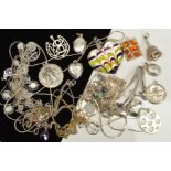 A SELECTION OF SILVER AND WHITE METAL JEWELLERY, to include mainly necklaces and pendants
