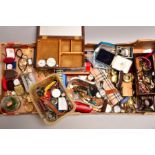 TWO BOXES OF POCKET AND WRISTWATCHES, WATCH PARTS AND A COLLECTION OF COSTUME JEWELLER, to include