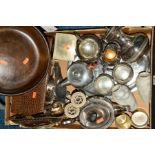 A BOX OF SILVER PLATE, ETC, including a carved wooden musical fruit bowl, loose cutlery, pewter