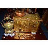 A BRASS LOG BOX together with various other brass items and a copper bed pan (7)