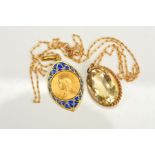 WO PENDANTS, to include a marquise shape enamel pendant depicting a veiled lady, together with an