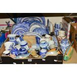 TWO BOXES AND LOOSE CERAMICS, to include blue and white by Copeland Spode, Wood and Sons, Lawley,