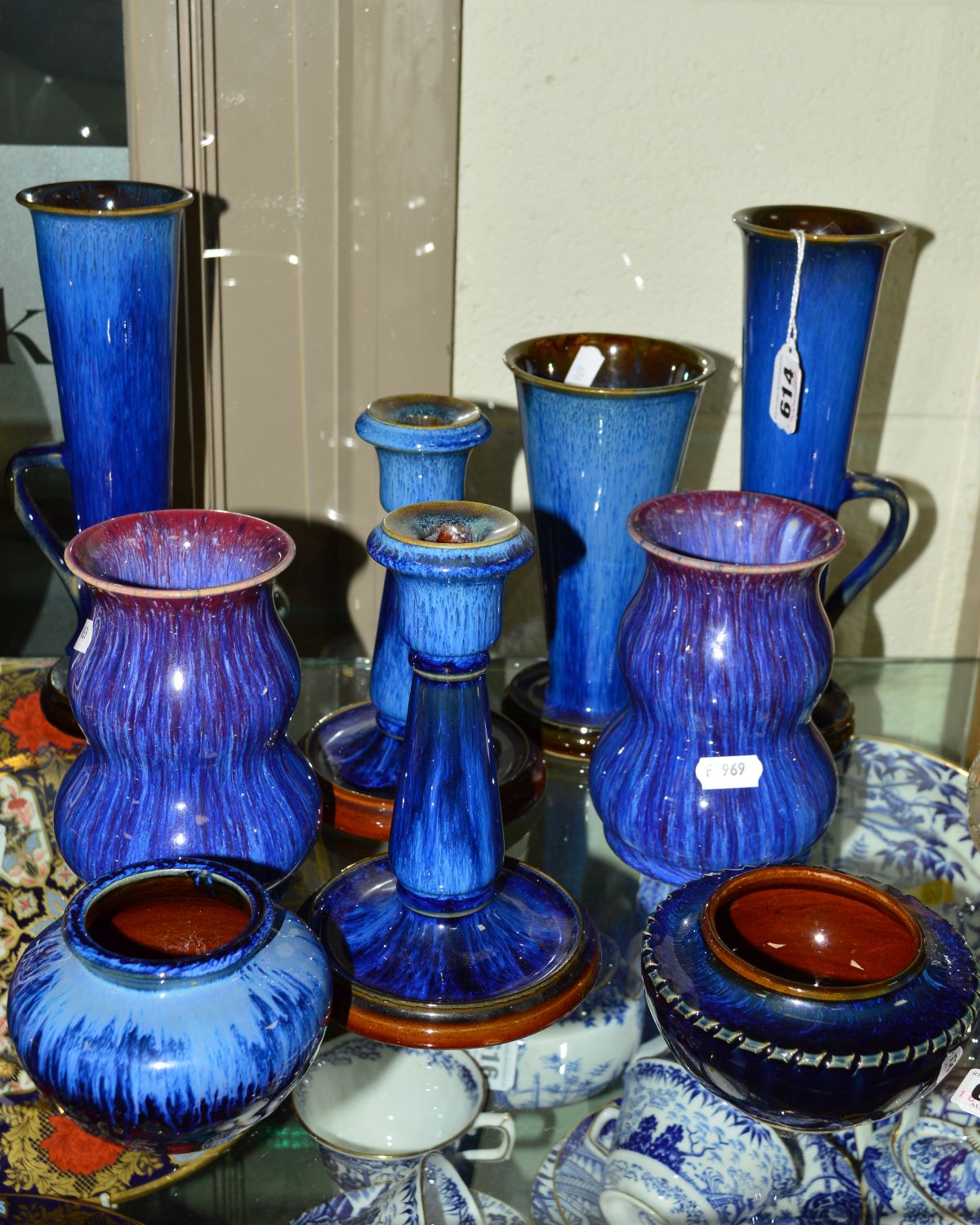 A COLLECTION OF BOURNE DENBY DANESBY WARE IN A BLUE STEAKED GLAZE, to include a pair of vases with