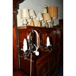 TWO SIMILAR STUDIO POTTERY TABLE LAMPS with shades, together with a wrought iron triple branch