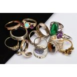 THIRTEEN RINGS, containing gem set rings and bands, many with stamps to indicate silver, total