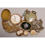 A GOLD PLATED ELGIN POCKET WATCH, along with another, five brooches, an Albert chain fixed with