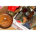 A BOX OF METALWARES, TREEN ETC, AND LOOSE, including a brass bottle jack, wooden pedestal fruit