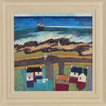 DAVID BODY (BRITISH CONTEMPORARY) 'CREEL BOAT', cottages by the sea, fishing boat to the distance,