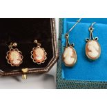 TWO PAIRS OF CAMEO EARRINGS, both with oval cameo panels depicting a lady in profile, the first pair