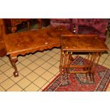 A BURR WALNUT AND INLAID RECTANGULAR COFFEE TABLE, on cabriole legs with shell carved knees with