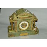 A LATE VICTORIAN/EDWARDIAN GREEN ONYX MANTEL CLOCK OF ARCHITECTURAL FORM, brass mounts including