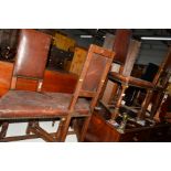 A SET OF FOUR OAK BROWN BUTTONED LEATHER TRIANGULAR DINING CHAIRS (sd)