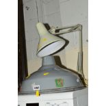 TWO VINTAGE BENJAMIN GREY ENAMEL CEILING SHADES, together with an angle poise style desk lamp (3)