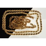 A 9CT GOLD CHAIN NECKLACE AND A GOLD PLATED CHAIN NECKLACE, the 9ct gold chain of rope twist