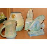 FOUR PIECES OF BOURNE DENBY DANESBY WARE PASTEL ITEMS, to include a book end shaped as Love Birds,