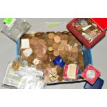A CARDBOARD BOX OF MIXED COINS, to include a 1935 Crown, a pair of Great War medals to Pte T.F.J.