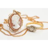 A THREE STONE DIAMOND RING AND A 9CT CAMEO PENDANT NECKLACE, ring designed as three single cut