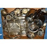A BOX OF SILVER PLATE, including a glass four division hors d'oeuvres dish, hotel ware, entree