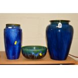 TWO BOURNE DENBY DENESBY WARE ELECTRIC BLUE VASES, heights 31cm and 27cm, together with a Bourne