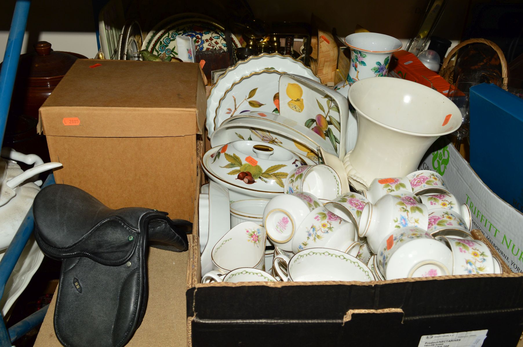 TWO BOXES OF CERAMICS, MINIATURE SADDLE, etc, including Royal Worcester Evesham oven to table wares,