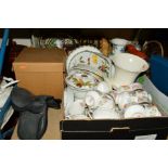 TWO BOXES OF CERAMICS, MINIATURE SADDLE, etc, including Royal Worcester Evesham oven to table wares,