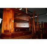 A HARDWOOD CORNER TV STAND together with three Edwardian chairs, three foot stools, standard lamp