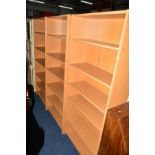 THREE MODERN BEECH OPEN BOOKCASES, width 76cm x depth 28cm x height 180cm