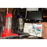 TWO VAX UPRIGHT VACUUM CLEANERS, Tevion 18' LCD TV and a boxed Median surround sound system (5)