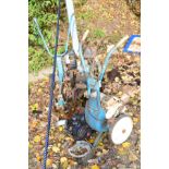 THREE VARIOUS VINTAGE PETROL TWIN WHEELED GARDEN IMPLEMENTS, together with three petrol engines