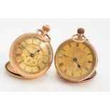TWO EARLY 20TH CENTURY GOLD LADIES POCKET WATCHES, both with black Roman numeral markers, engraved