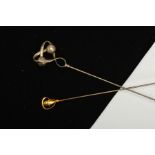TWO CHARLES HORNER HATPINS, the first with 9ct gold terminal of pear shape with outer spiralling