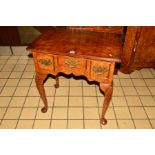 A REPRODUCTION BURR WALNUT AND INLAID SIDE TABLE OF GEORGE II STYLE, the rectangular top above three