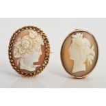 A CAMEO, BROOCH AND CAMEO PENDANT, both designed as oval cameo panels depicting a lady in profile,