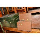 A GREEN PAINTED TIN TRUNK, together with stained tool chest, boxed MEG tester, wooden crate and a