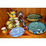 A BURSLEY WARE YELLOW GROUND FIFTEEN PIECE COFFEE SET AND OTHER DECORATIVE ITEMS, including an
