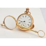A PAIR OF LORGNETTES AND AN OPEN FACE GOLD PLATED POCKET WATCH, the lorgnettes with banded detail,