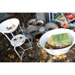 A COLLECTION OF EIGHT GALVANISED BUCKETS AND SPOUTS, together with a white painted galvanised