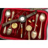 A SELECTION OF ITEMS, to include four late Victorian silver spoons and a pair of sugar tongs,