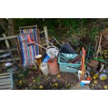 A COLLECTION OF VARIOUS GARDEN TOOLS, together with a scarifier, strimmer, three vintage deck