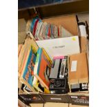 A BOX OF SUNDRIES, to include children's annuals (distressed), two stylophones, Brownie camera,