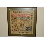 A VICTORIAN NEEDLEWORK SAMPLER RELIGIOUS TEXTS, Adam and Eve, Tree of Life, Birds and a repeating
