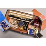 A SMALL BOX OF COSTUME JEWELLERY, to include imitation pearl necklaces, further necklaces, brooches,