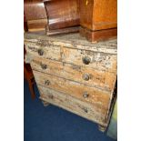 A DISTRESSED VICTORIAN PAINTED PINE CHEST OF TWO SHORT AND THREE LONG DRAWERS, width 96cm x depth