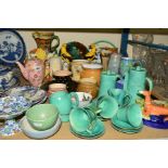 A GROUP OF VICTORIAN AND LATER ART AND DECORATIVE POTTERY, including a green glazed Baron Barnstaple